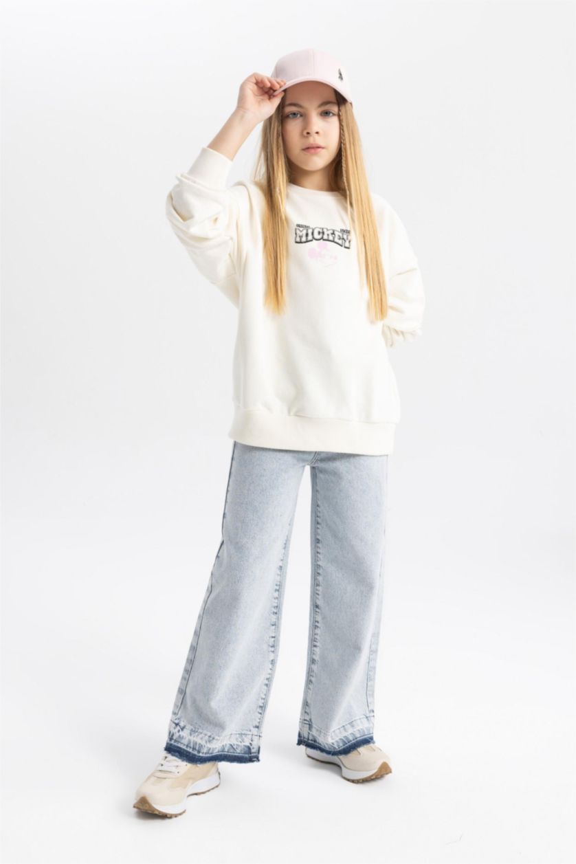 بنات أزرق فاتح بنطلون بناتي وايد ليج برجل واسع بجيب