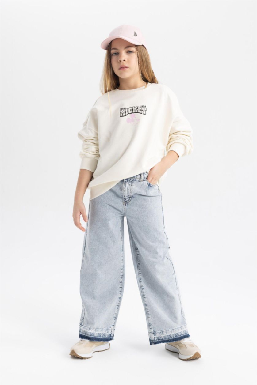 بنات أزرق فاتح بنطلون بناتي وايد ليج برجل واسع بجيب