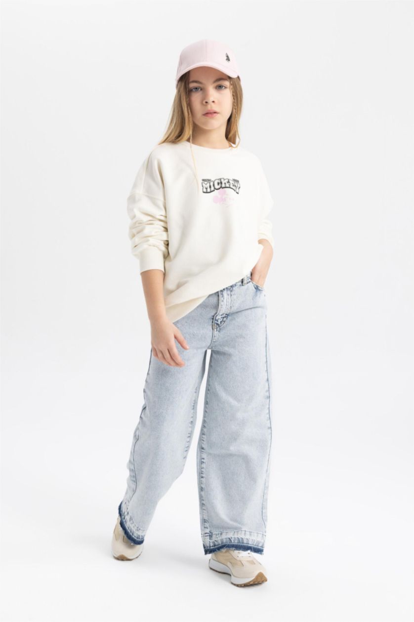 بنات أزرق فاتح بنطلون بناتي وايد ليج برجل واسع بجيب