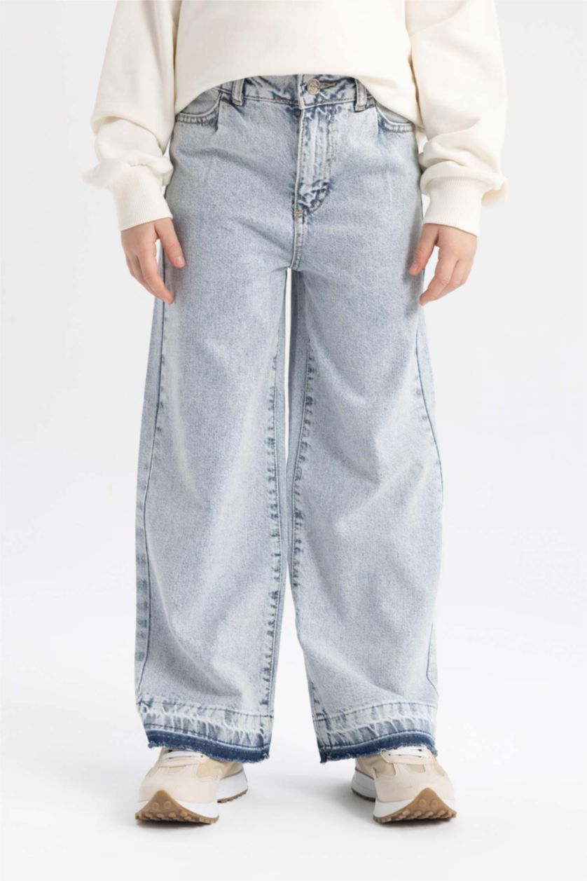 بنات أزرق فاتح بنطلون بناتي وايد ليج برجل واسع بجيب