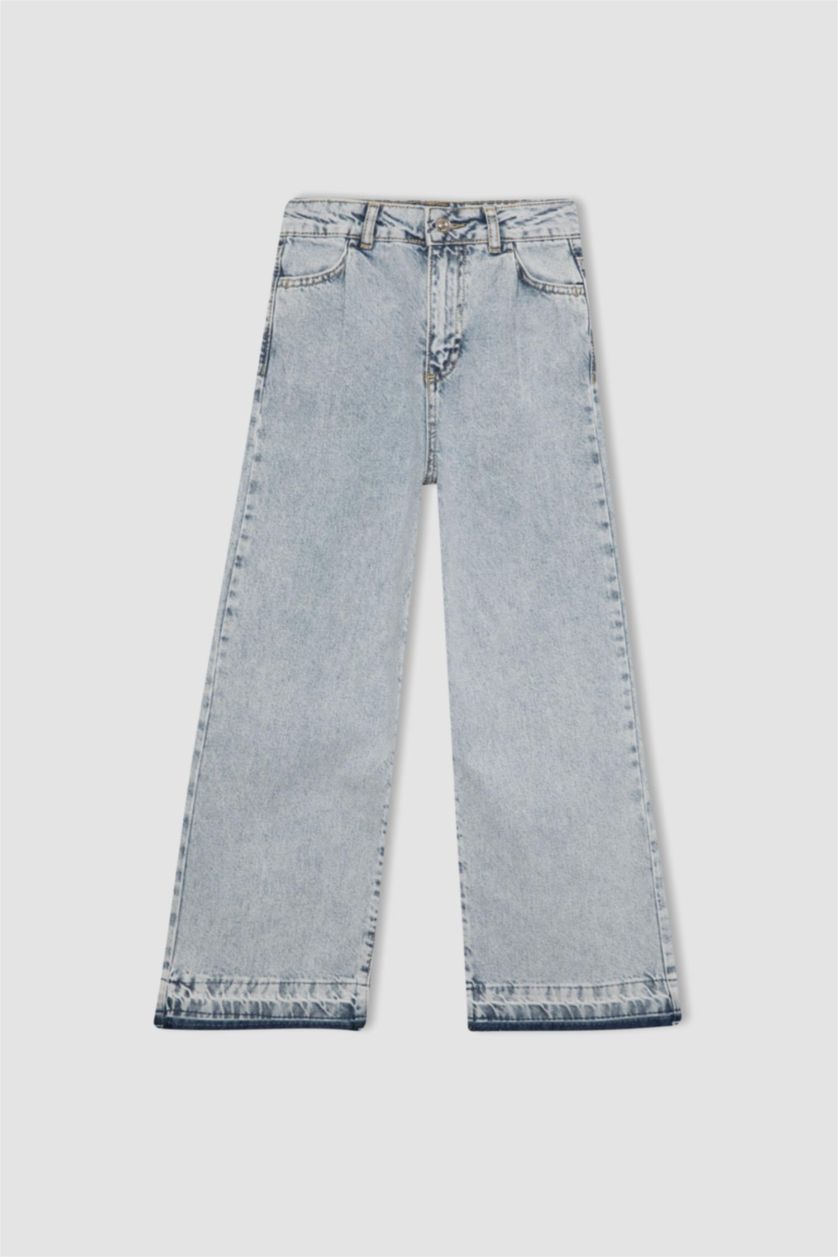 بنات أزرق فاتح بنطلون بناتي وايد ليج برجل واسع بجيب