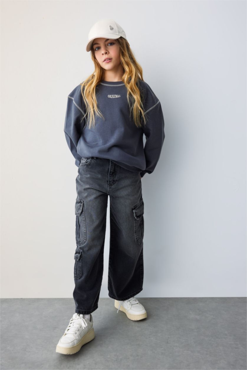 Kız Çocuk - Genç Kız Gri Kız Çocuk Wide Leg Kargo Geniş Paça Jean Pantolon