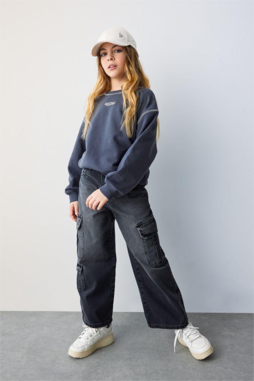 Kız Çocuk - Genç Kız Gri Kız Çocuk Wide Leg Kargo Geniş Paça Jean Pantolon