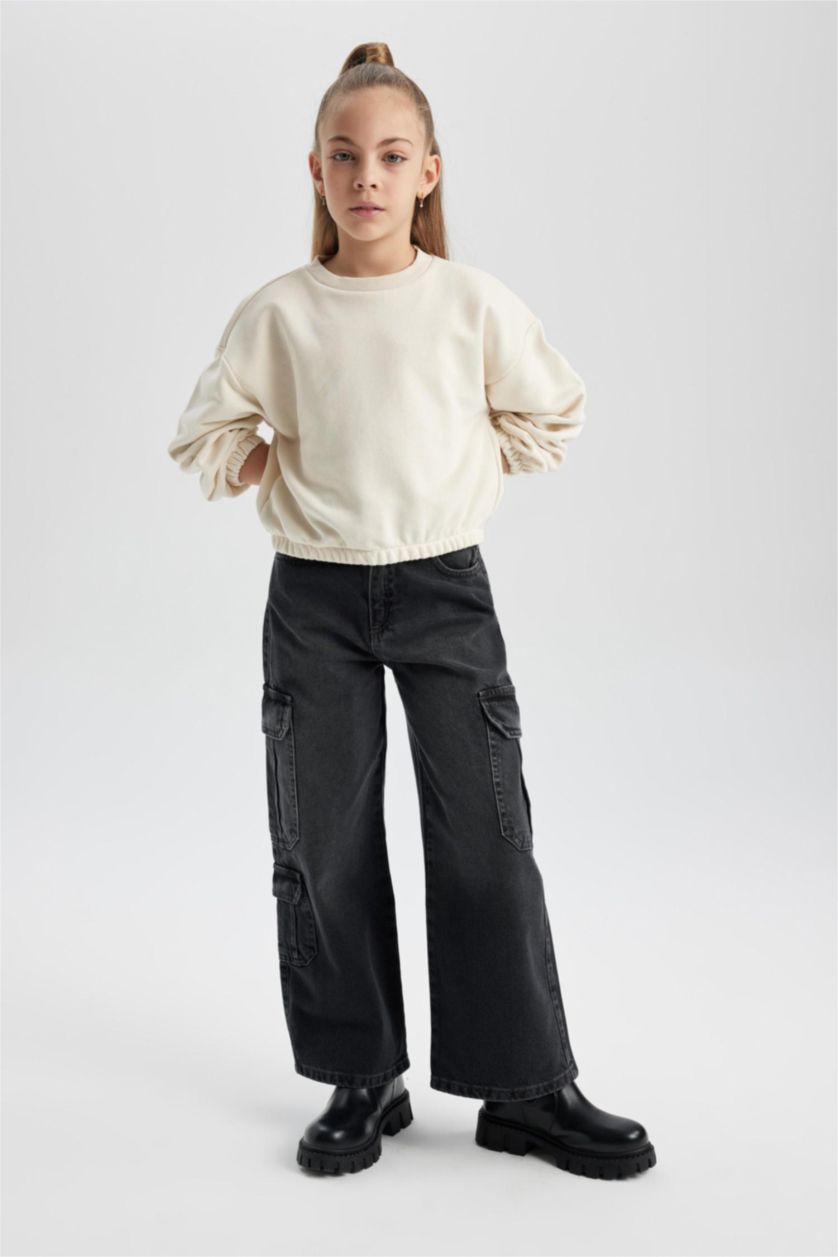 Kız Çocuk - Genç Kız Gri Kız Çocuk Wide Leg Kargo Geniş Paça Jean Pantolon