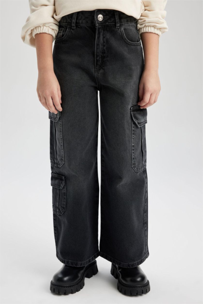Kız Çocuk - Genç Kız Gri Kız Çocuk Wide Leg Kargo Geniş Paça Jean Pantolon