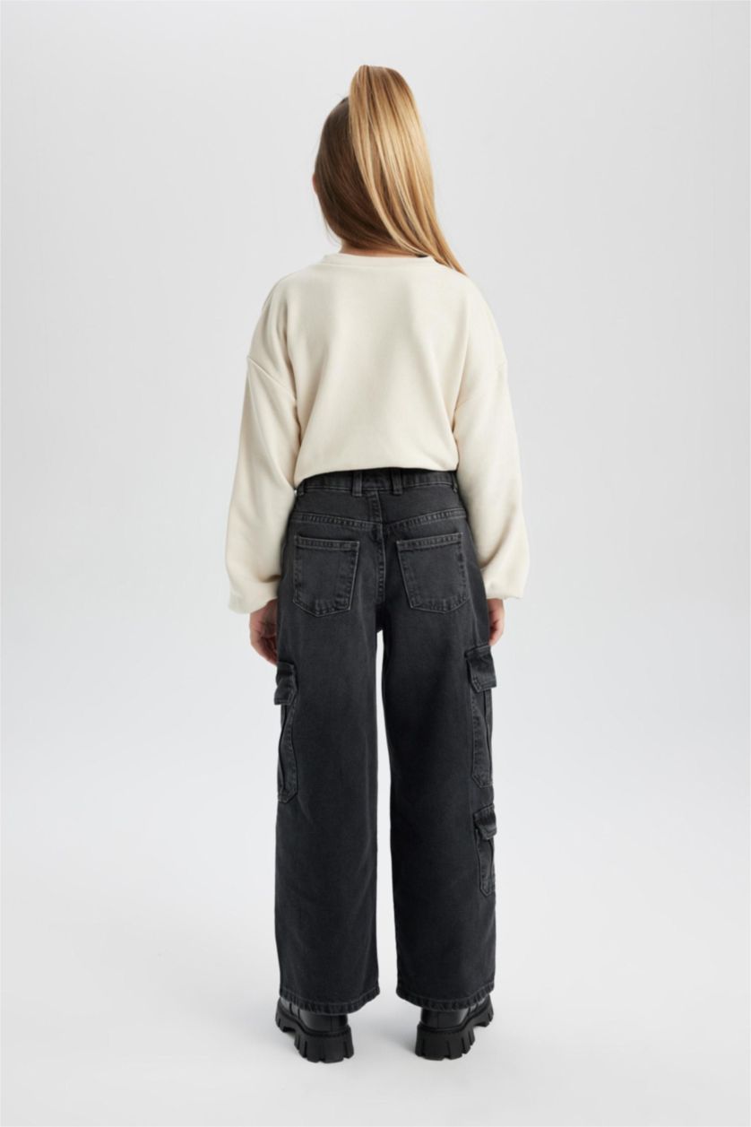 Kız Çocuk - Genç Kız Gri Kız Çocuk Wide Leg Kargo Geniş Paça Jean Pantolon