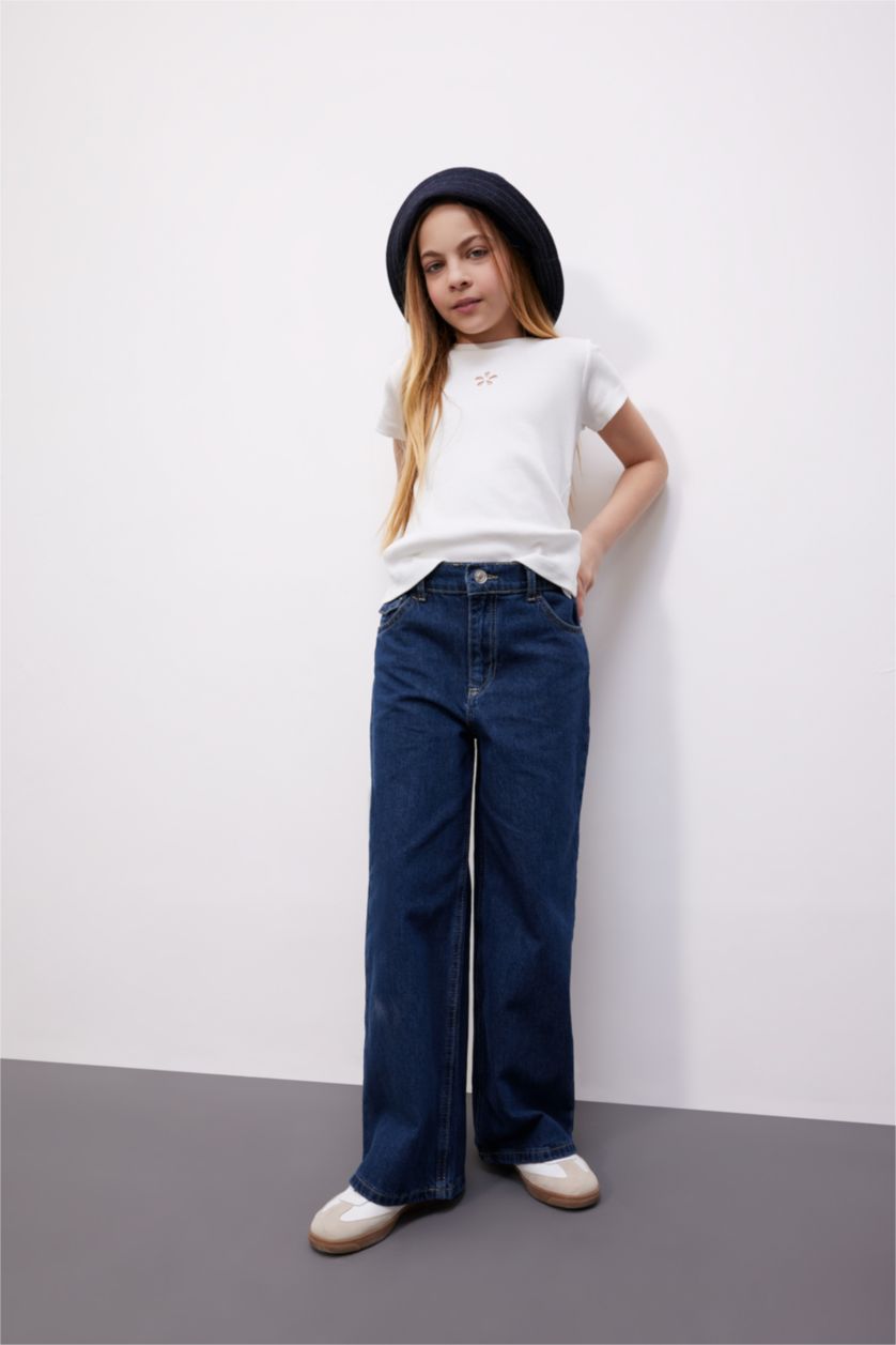 بنات أزرق غامق بنطلون بناتي وايد ليج برجل واسع بجيب