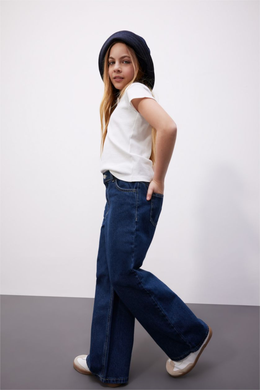 بنات أزرق غامق بنطلون بناتي وايد ليج برجل واسع بجيب