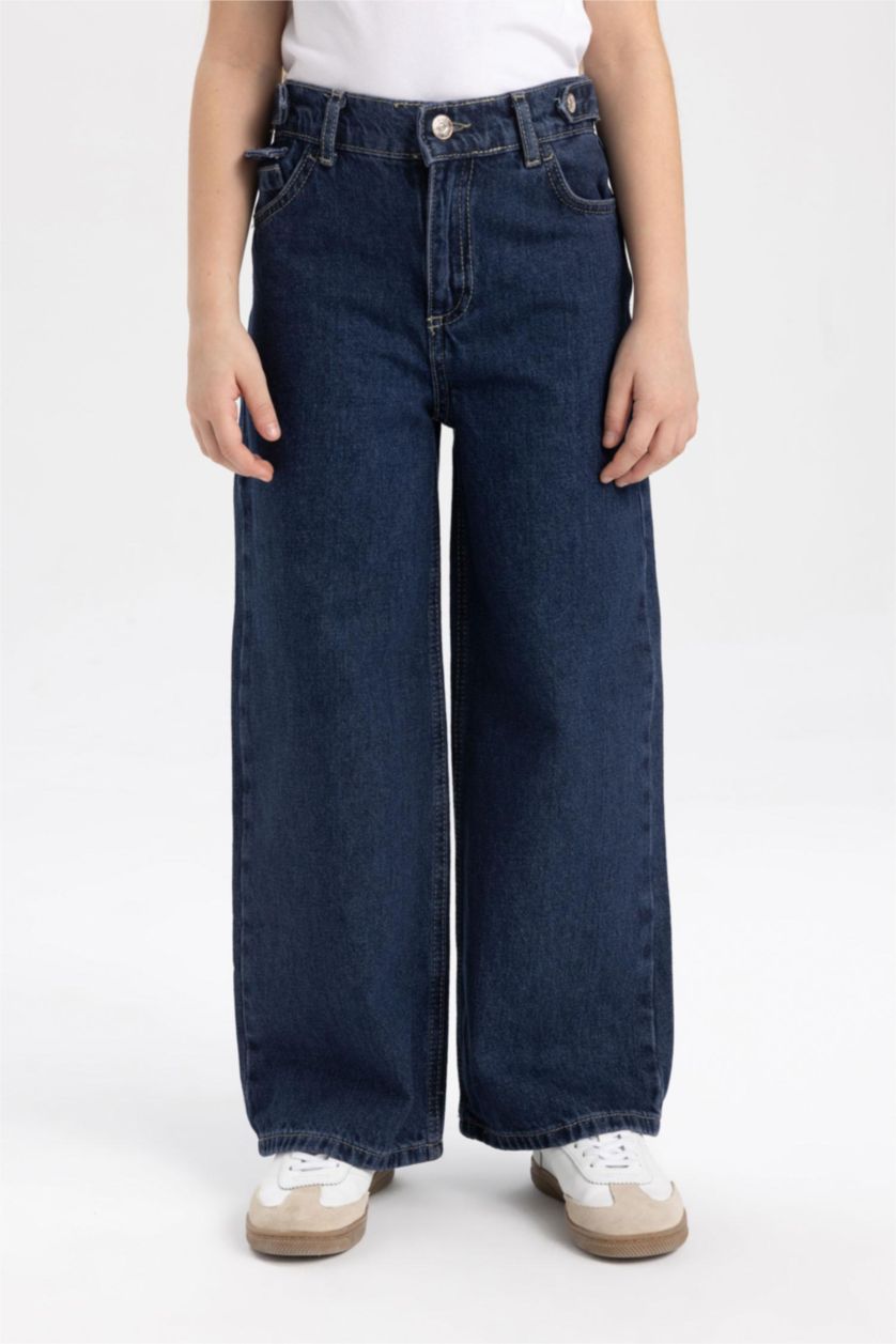 بنات أزرق غامق بنطلون بناتي وايد ليج برجل واسع بجيب