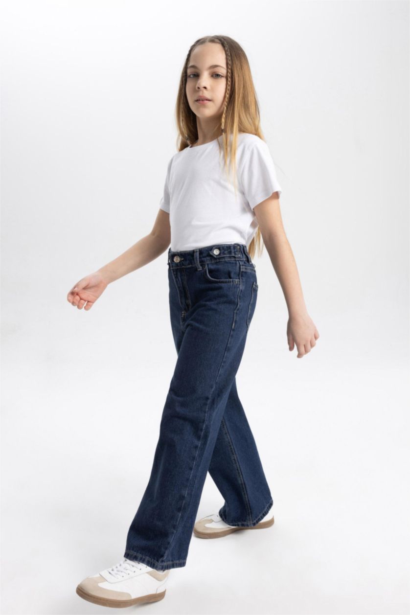 بنات أزرق غامق بنطلون بناتي وايد ليج برجل واسع بجيب