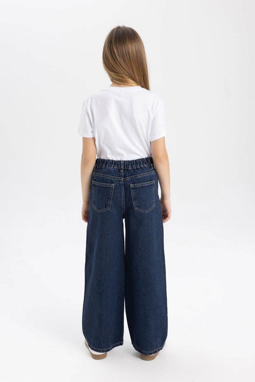 بنات أزرق غامق بنطلون بناتي وايد ليج برجل واسع بجيب