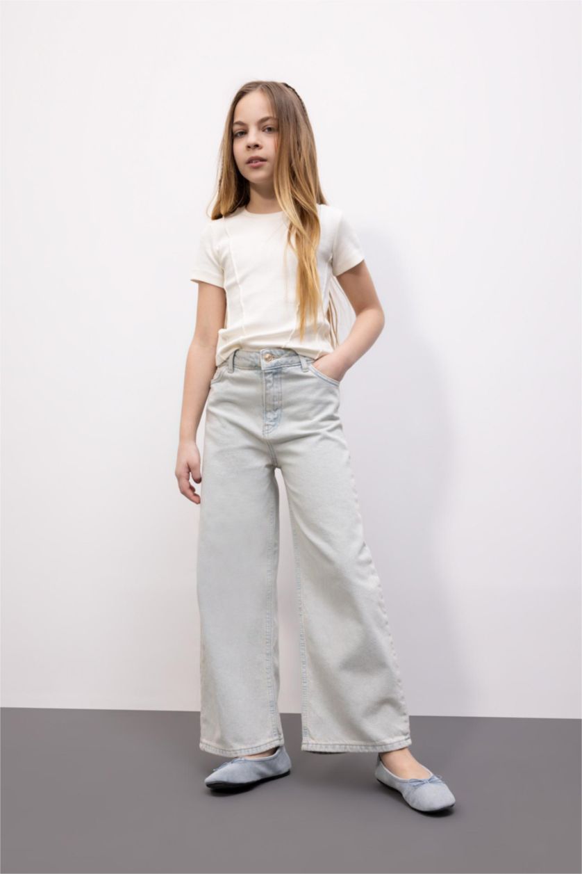 Kız Çocuk - Genç Kız Açık Mavi Wıde Leg Geniş Paça Jean Pantolon Kız Çocuk