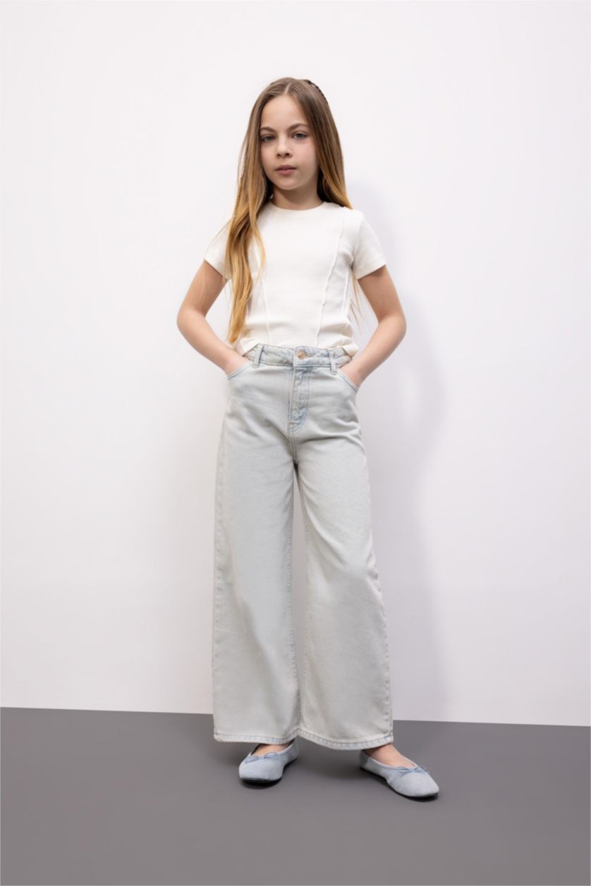 Kız Çocuk - Genç Kız Açık Mavi Wıde Leg Geniş Paça Jean Pantolon Kız Çocuk