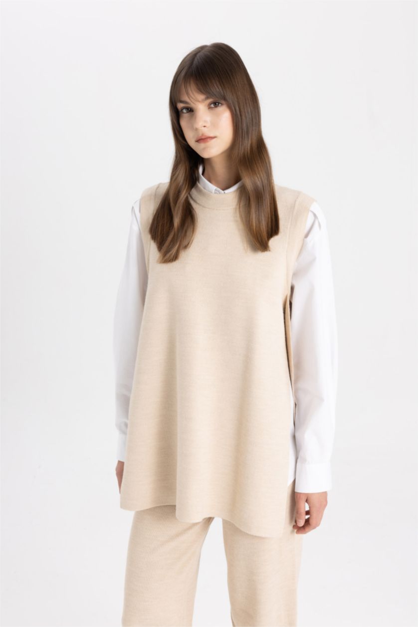 FEMME Beige Pull en Tricot sans manches à Coupe Régulière et Col Rond