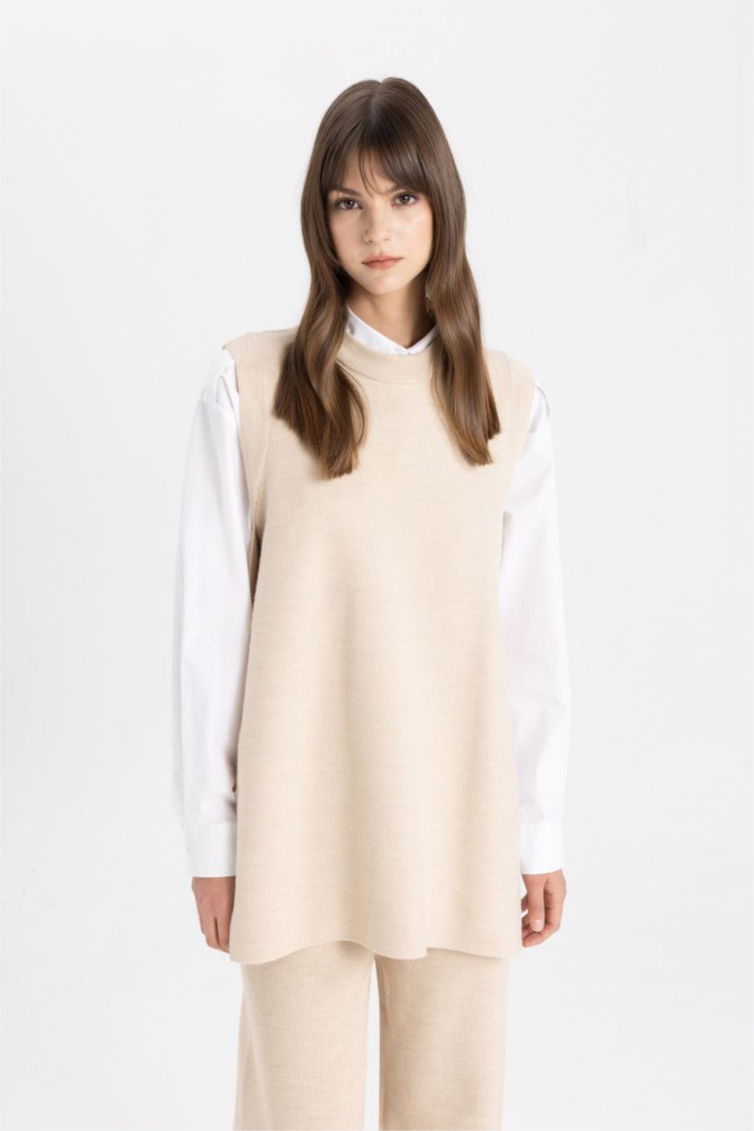 FEMME Beige Pull en Tricot sans manches à Coupe Régulière et Col Rond