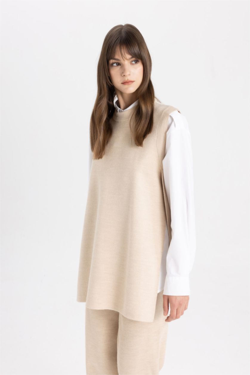 FEMME Beige Pull en Tricot sans manches à Coupe Régulière et Col Rond