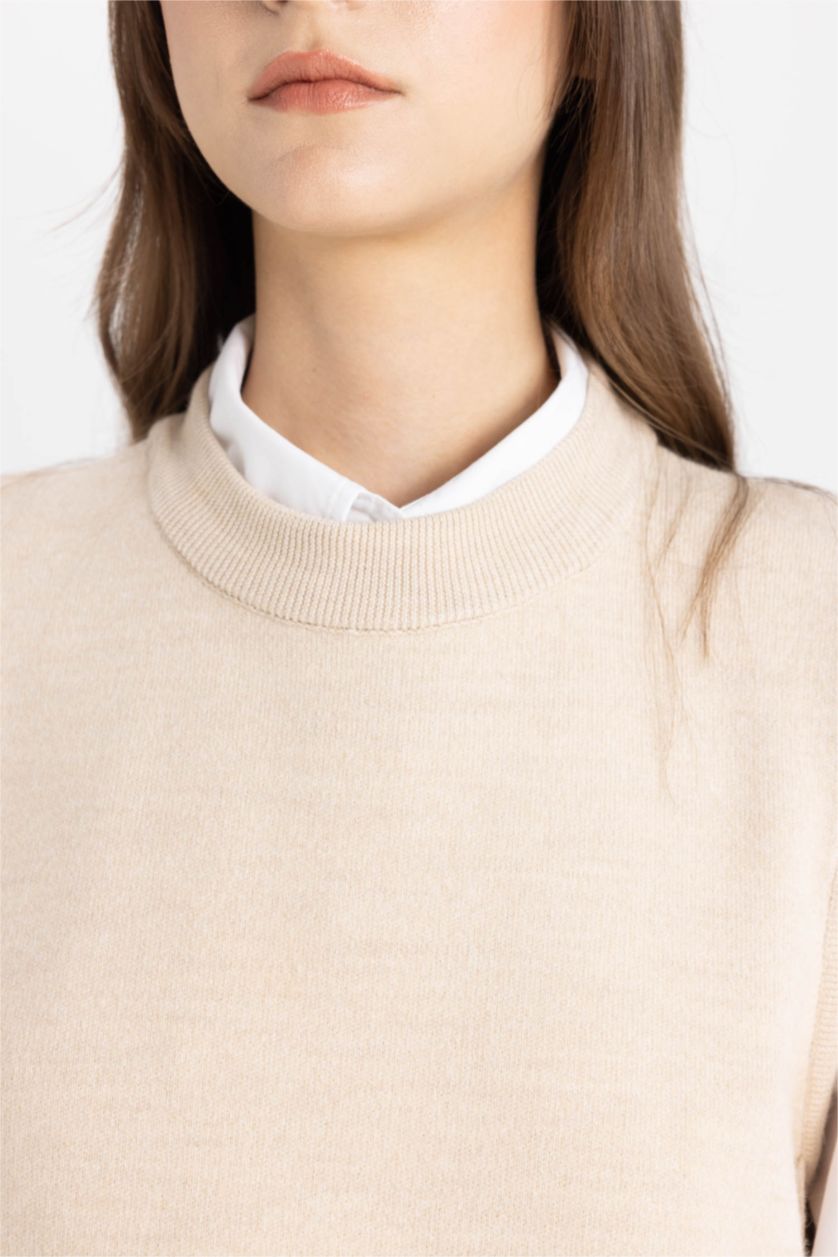 FEMME Beige Pull en Tricot sans manches à Coupe Régulière et Col Rond