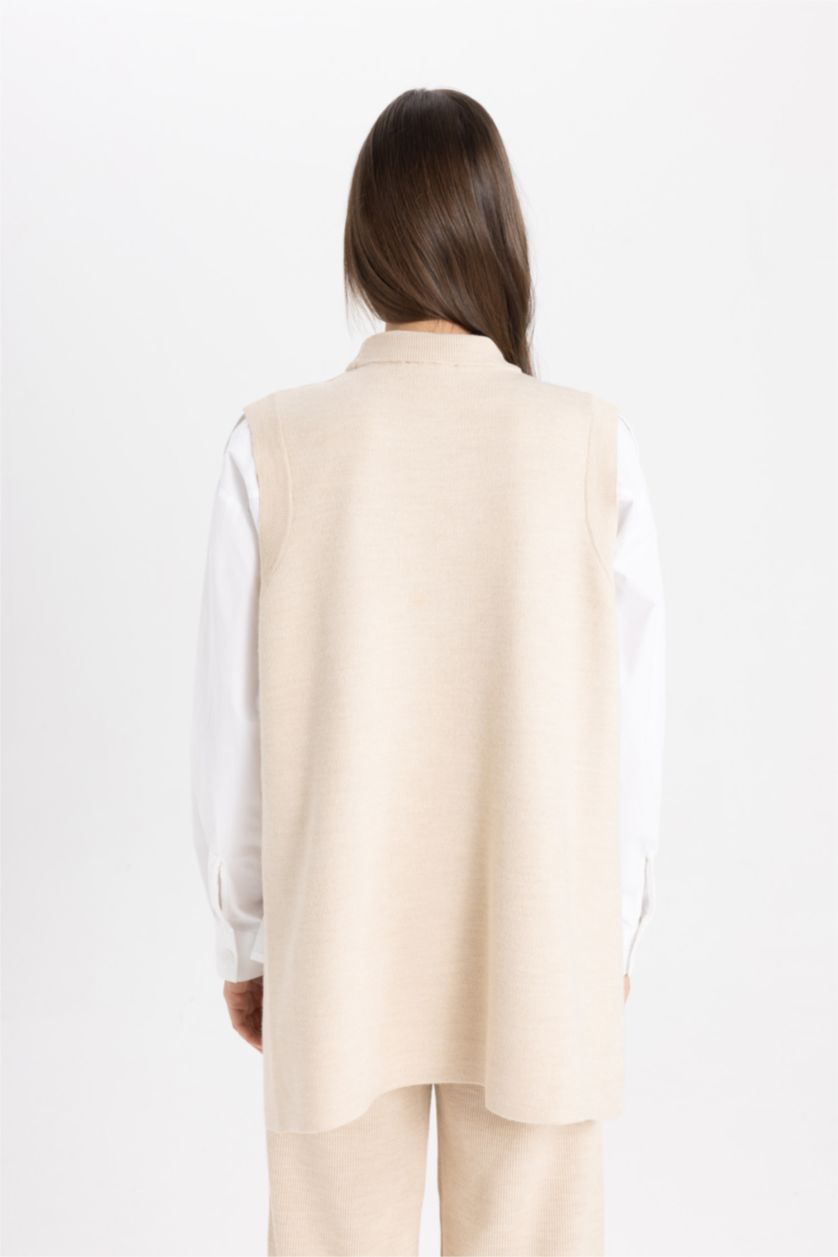 FEMME Beige Pull en Tricot sans manches à Coupe Régulière et Col Rond
