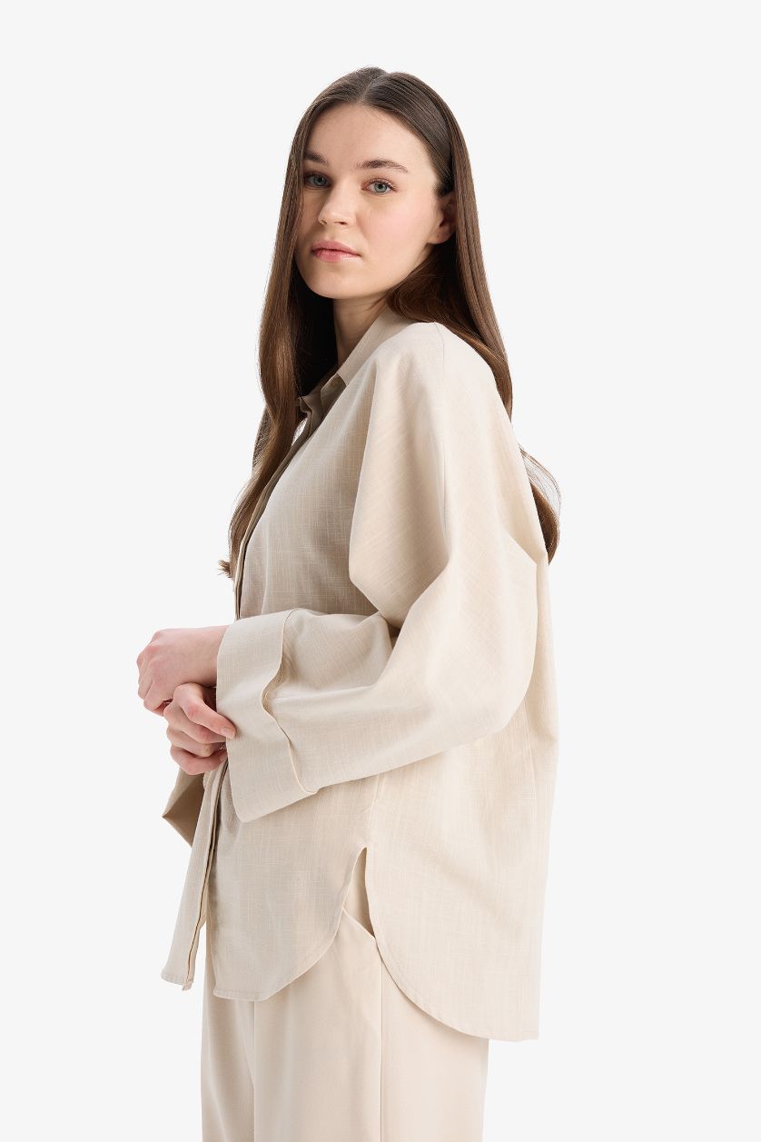 نساء اللون الرملي تونيك قميص كم واسع طويل بقصة مريحة