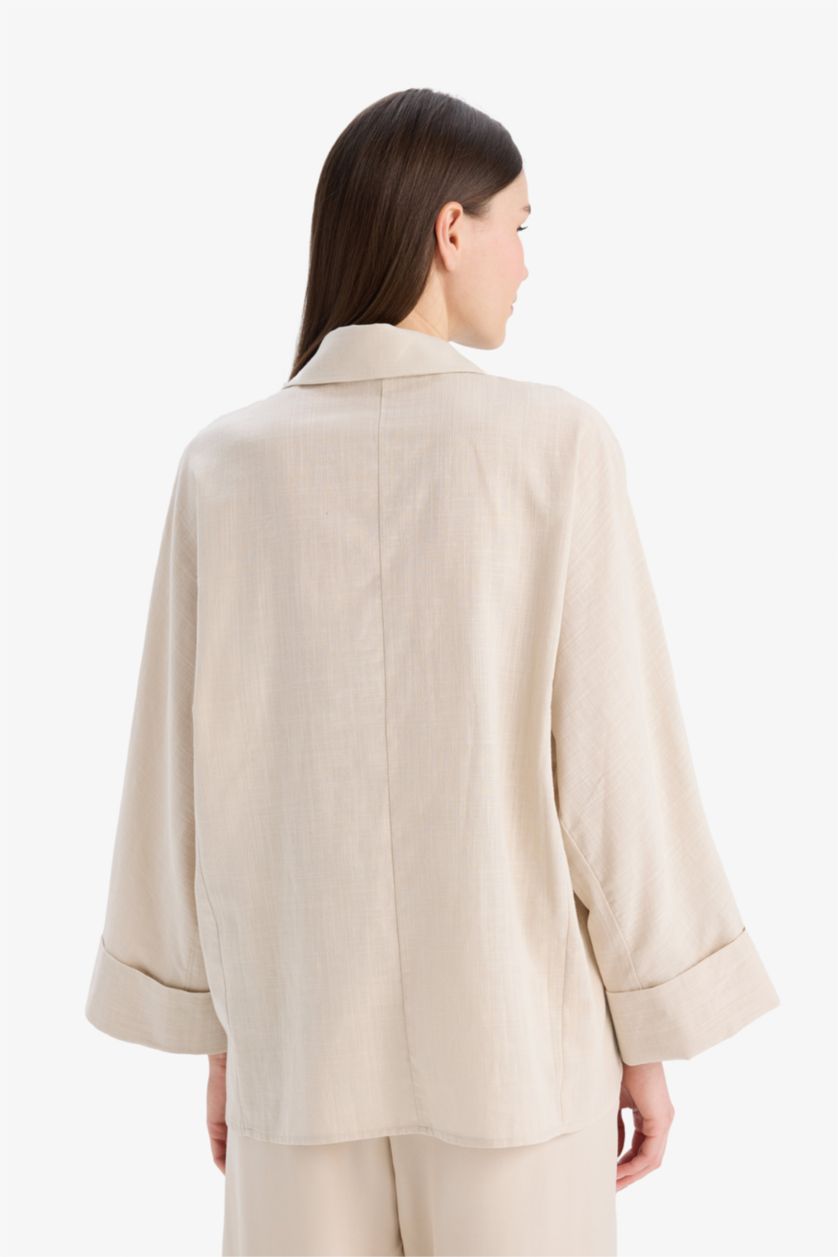 نساء اللون الرملي تونيك قميص كم واسع طويل بقصة مريحة