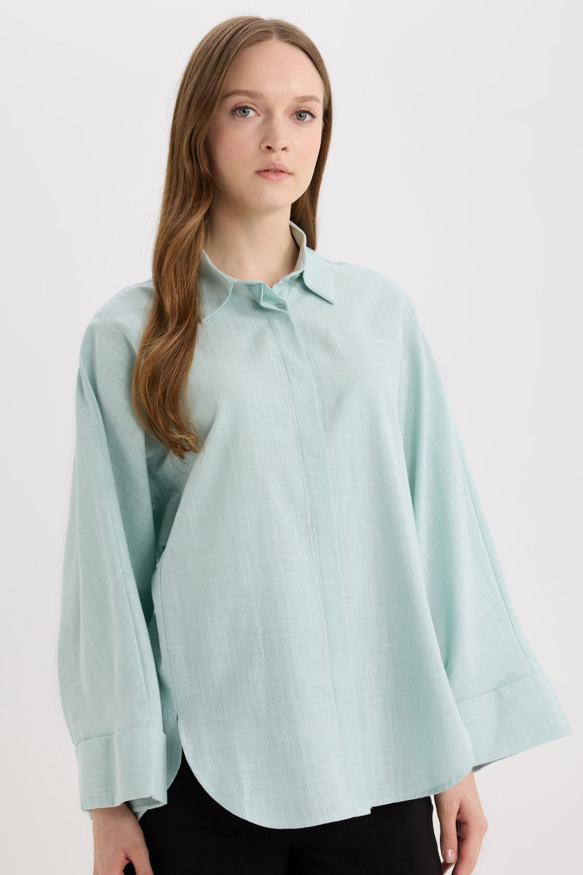 Kadın Mint Relax Fit Keten Karışımlı Uzun Kollu Tesettür Gömlek Tunik