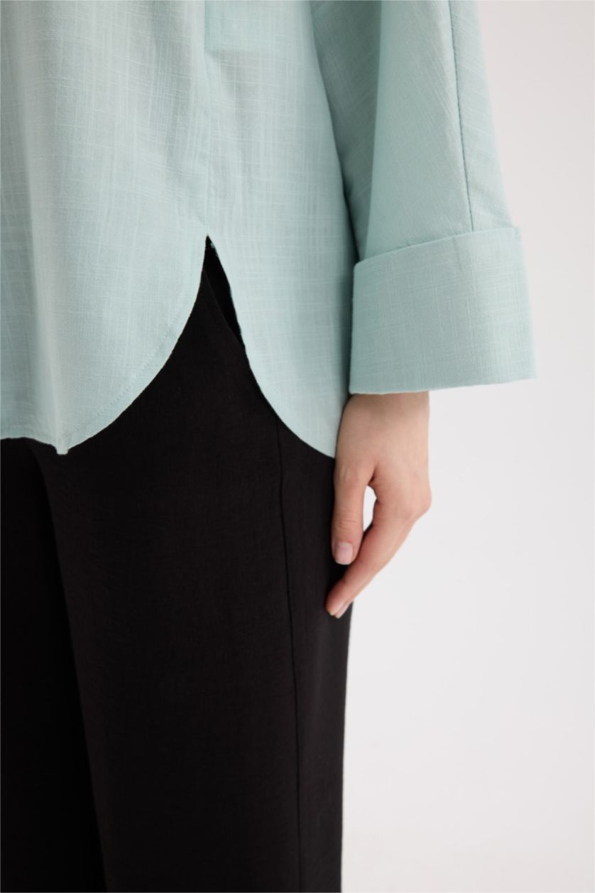 Kadın Mint Relax Fit Keten Karışımlı Uzun Kollu Tesettür Gömlek Tunik