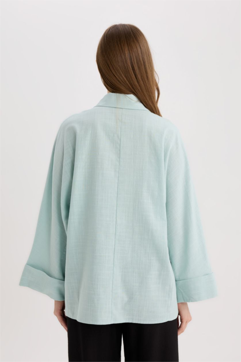 Kadın Mint Relax Fit Keten Karışımlı Uzun Kollu Tesettür Gömlek Tunik