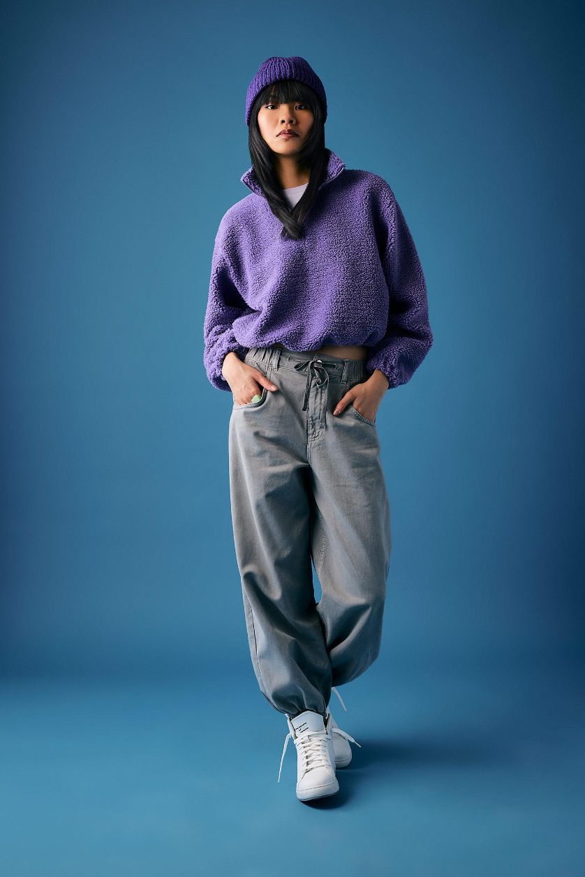 Kadın Koyu Lila Oversize Fermuarlı Dik Yaka Basic Düz Pelüş Sweatshirt