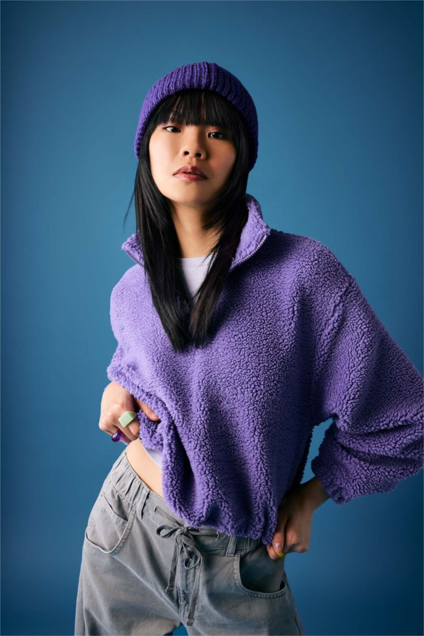 Kadın Koyu Lila Oversize Fermuarlı Dik Yaka Basic Düz Pelüş Sweatshirt