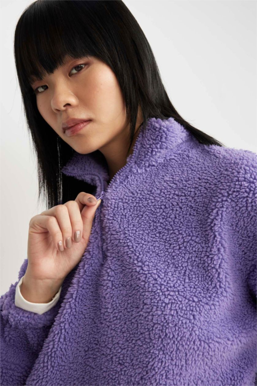 Kadın Koyu Lila Oversize Fermuarlı Dik Yaka Basic Düz Pelüş Sweatshirt