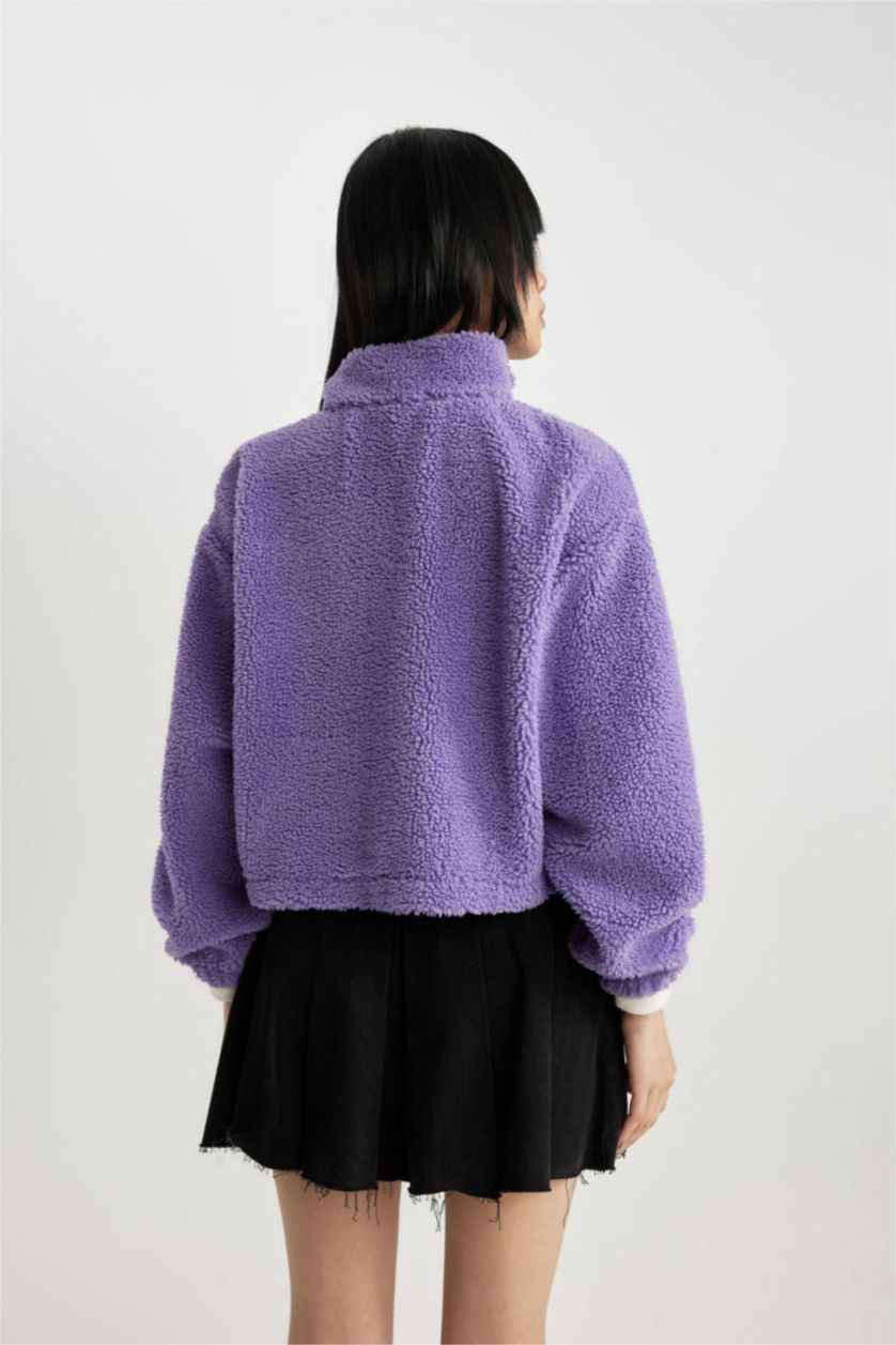 Kadın Koyu Lila Oversize Fermuarlı Dik Yaka Basic Düz Pelüş Sweatshirt