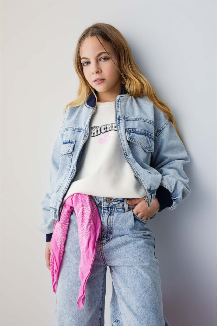 GIRLS & TEENS Light Blue Girl Bomber Collar Denim Jacket