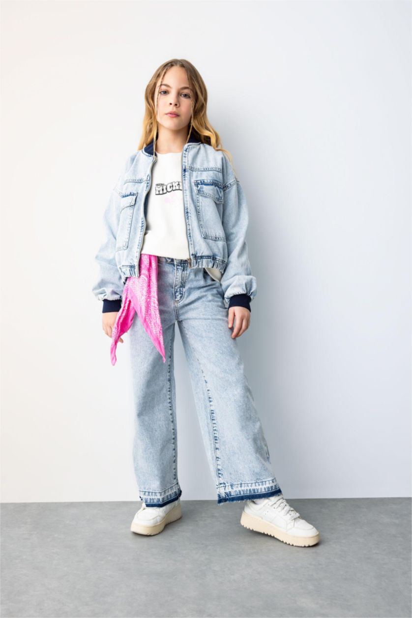 GIRLS & TEENS Light Blue Girl Bomber Collar Denim Jacket