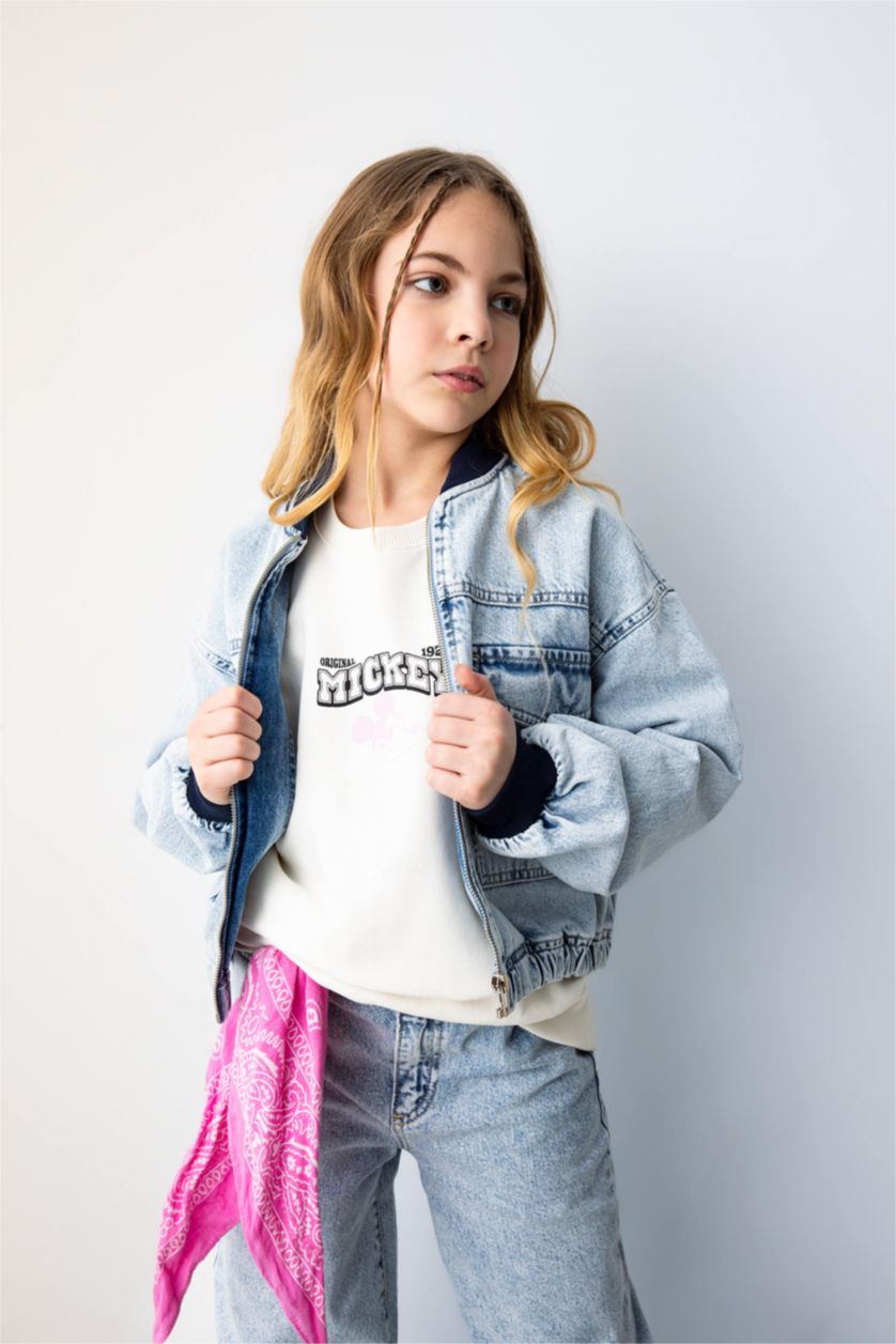 GIRLS & TEENS Light Blue Girl Bomber Collar Denim Jacket