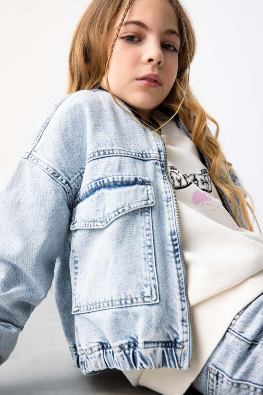 GIRLS & TEENS Light Blue Girl Bomber Collar Denim Jacket
