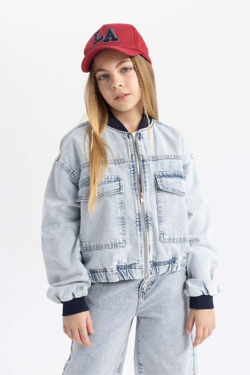 GIRLS & TEENS Light Blue Girl Bomber Collar Denim Jacket