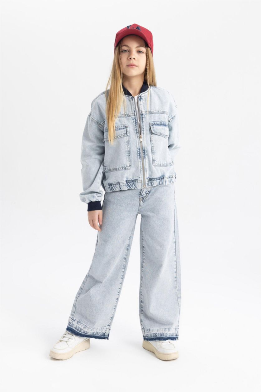 GIRLS & TEENS Light Blue Girl Bomber Collar Denim Jacket