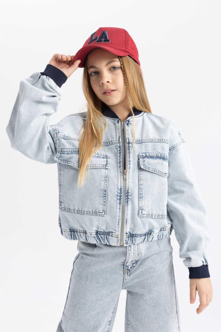 GIRLS & TEENS Light Blue Girl Bomber Collar Denim Jacket