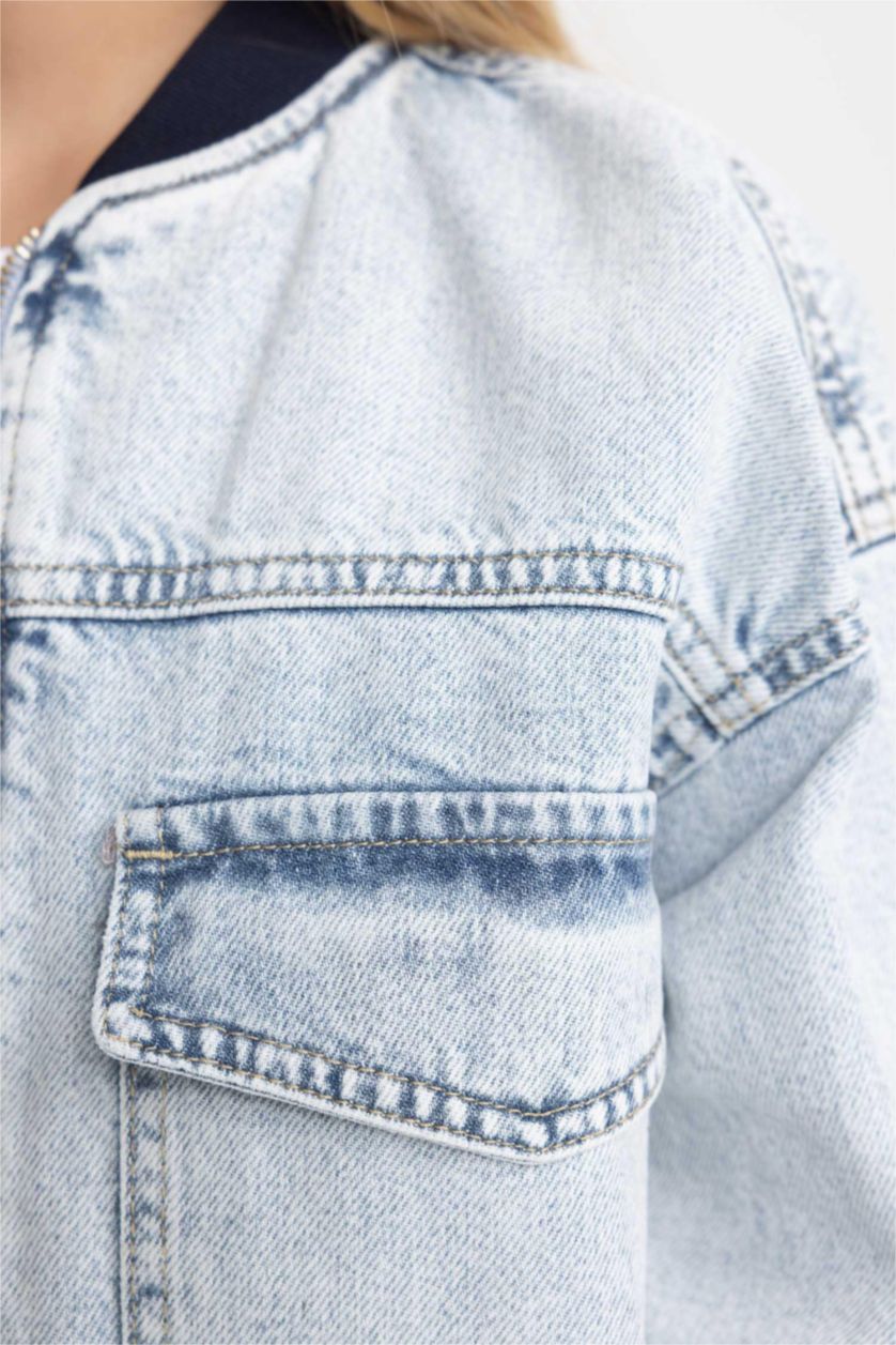 GIRLS & TEENS Light Blue Girl Bomber Collar Denim Jacket