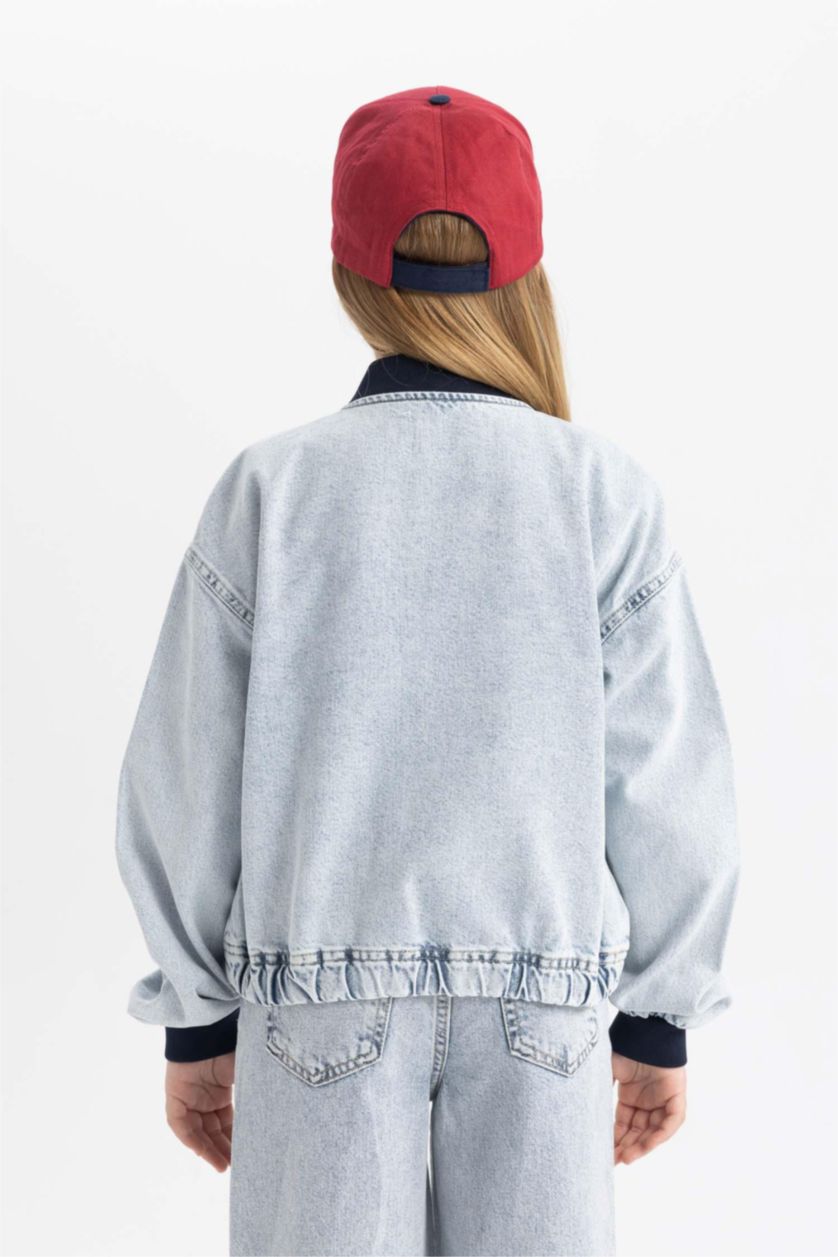 GIRLS & TEENS Light Blue Girl Bomber Collar Denim Jacket