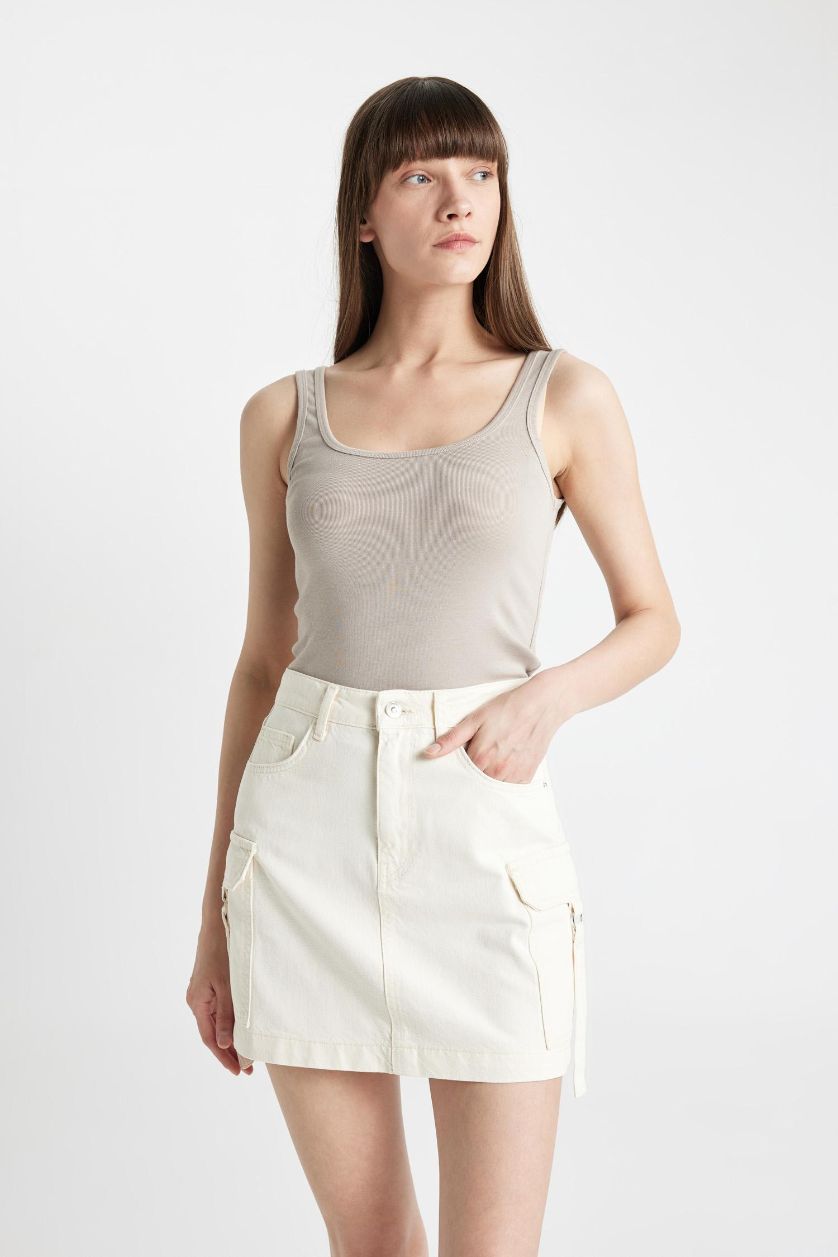 Woman Ecru Cargo Fit Denim Mini Skirt