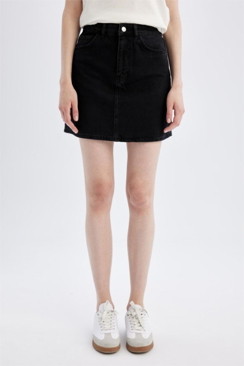 WOMAN Black Regular Fit Denim Mini Skirt