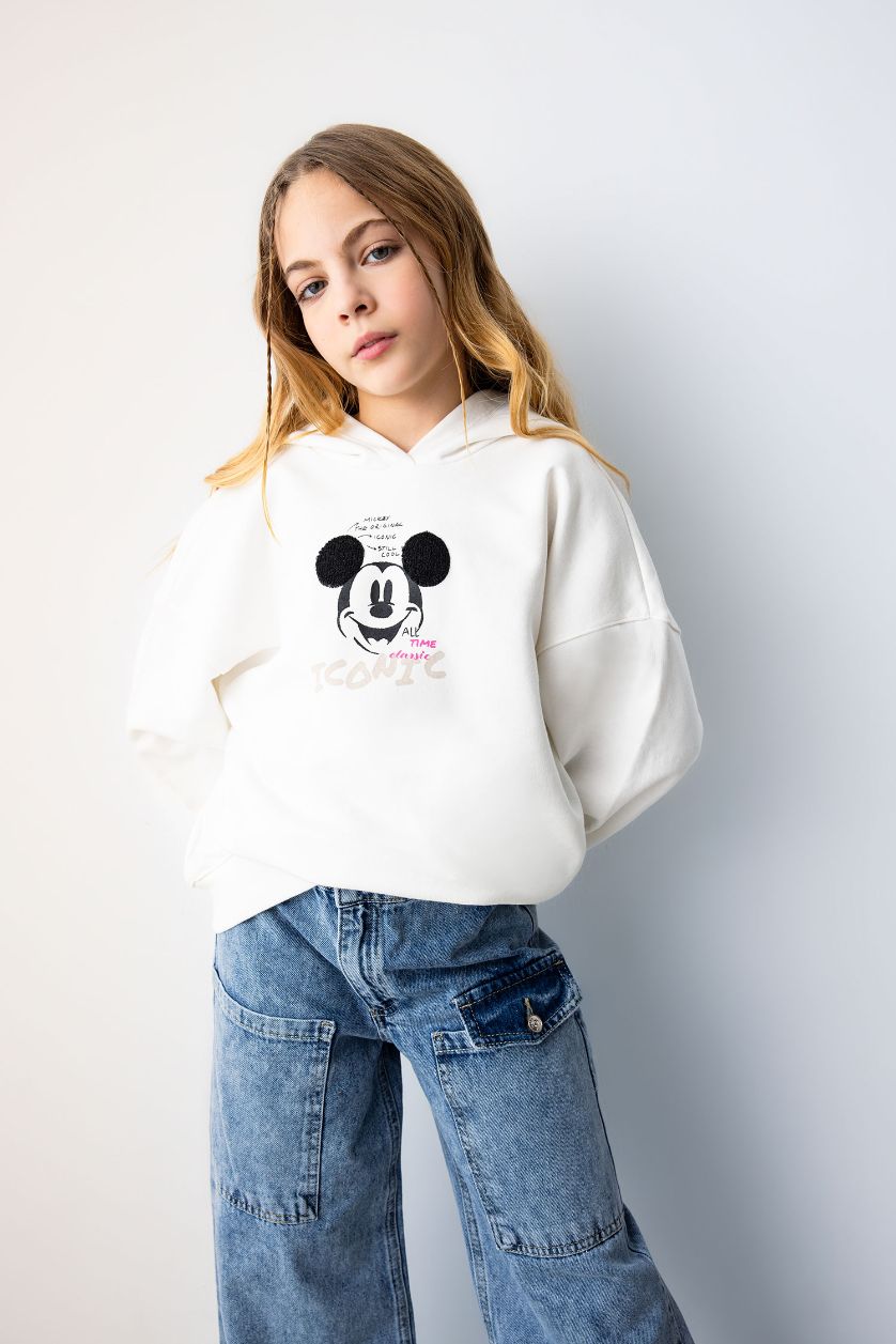 Girls & Teens Ecru Girl Disney Mickey & Minnie Relax Fit Hooded Sweatshirt