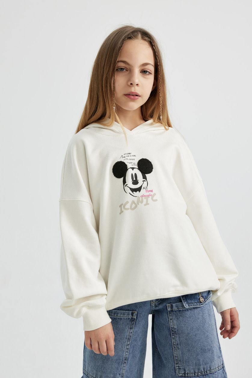 Girls & Teens Ecru Girl Disney Mickey & Minnie Relax Fit Hooded Sweatshirt