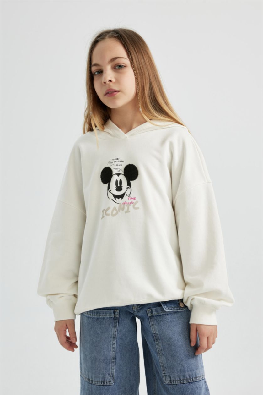 Girls & Teens Ecru Girl Disney Mickey & Minnie Relax Fit Hooded Sweatshirt