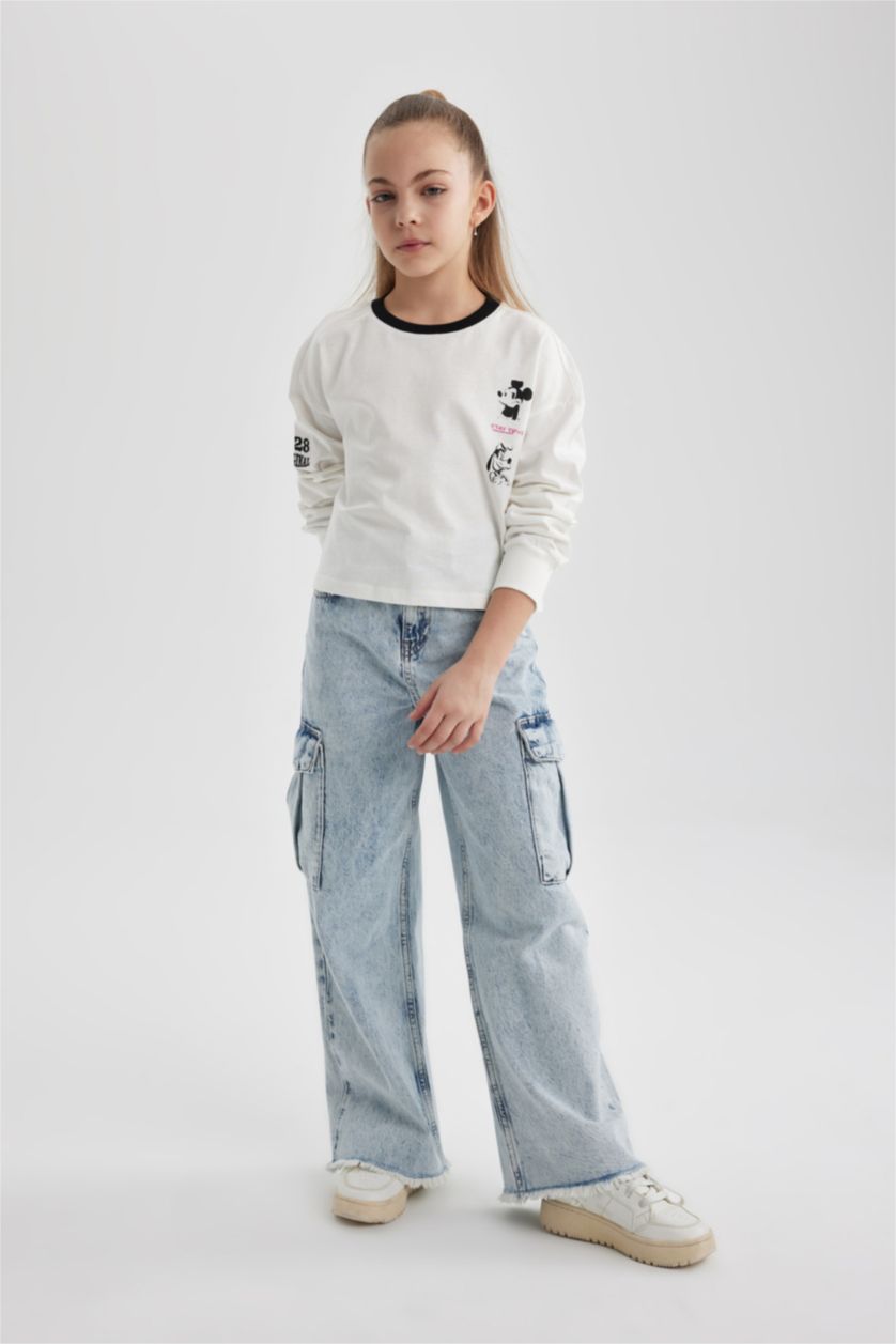 بنات بيج فاتح تيشيرت ردن طويلة كروب بياخة مستديرة من ديزني ميكي وميني