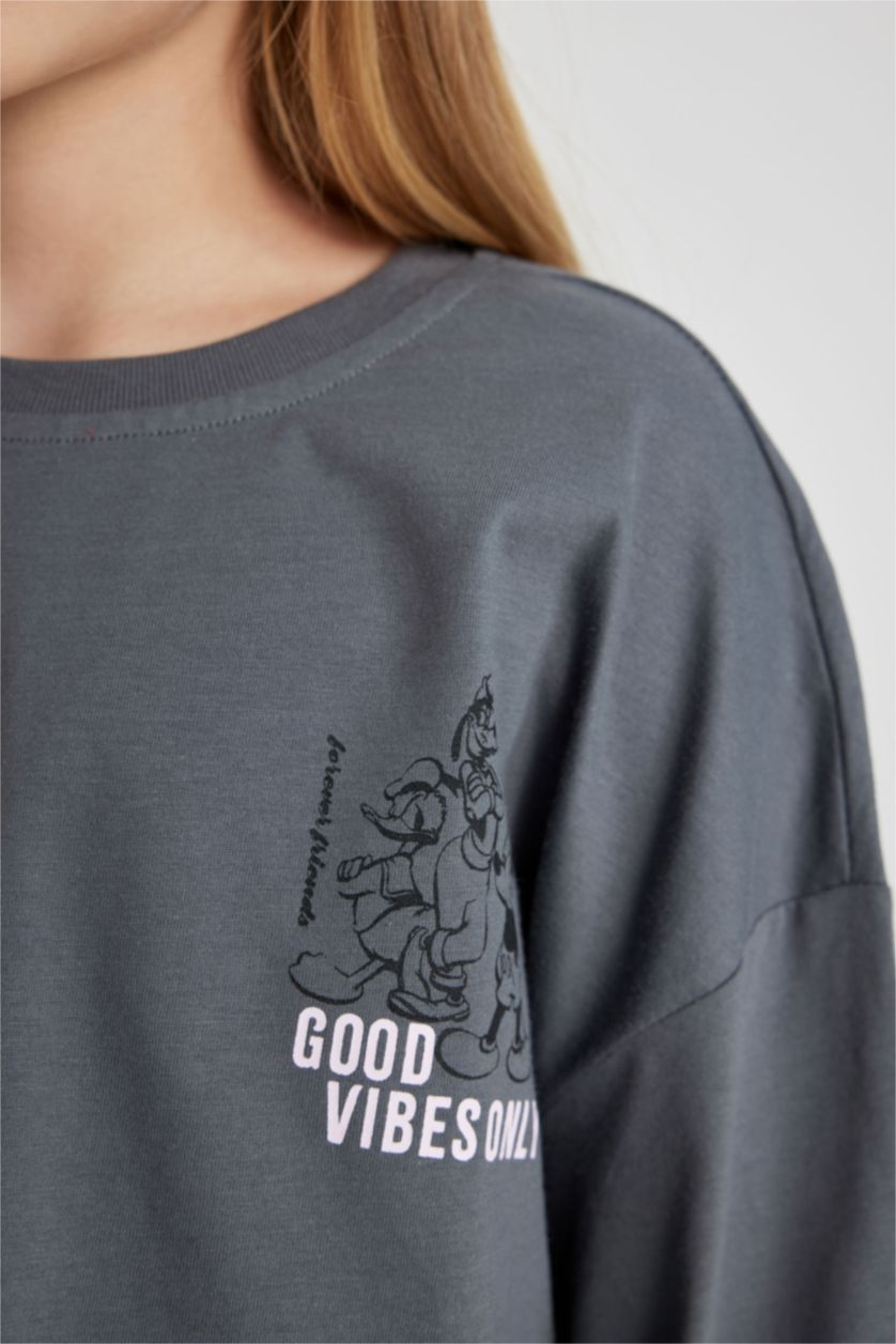 Kız Çocuk - Genç Kız Gri Dısney Mıckey Mouse &Frıends Relax Fıt Bisiklet Yaka Uzun Kollu Tişört Kız Çocuk