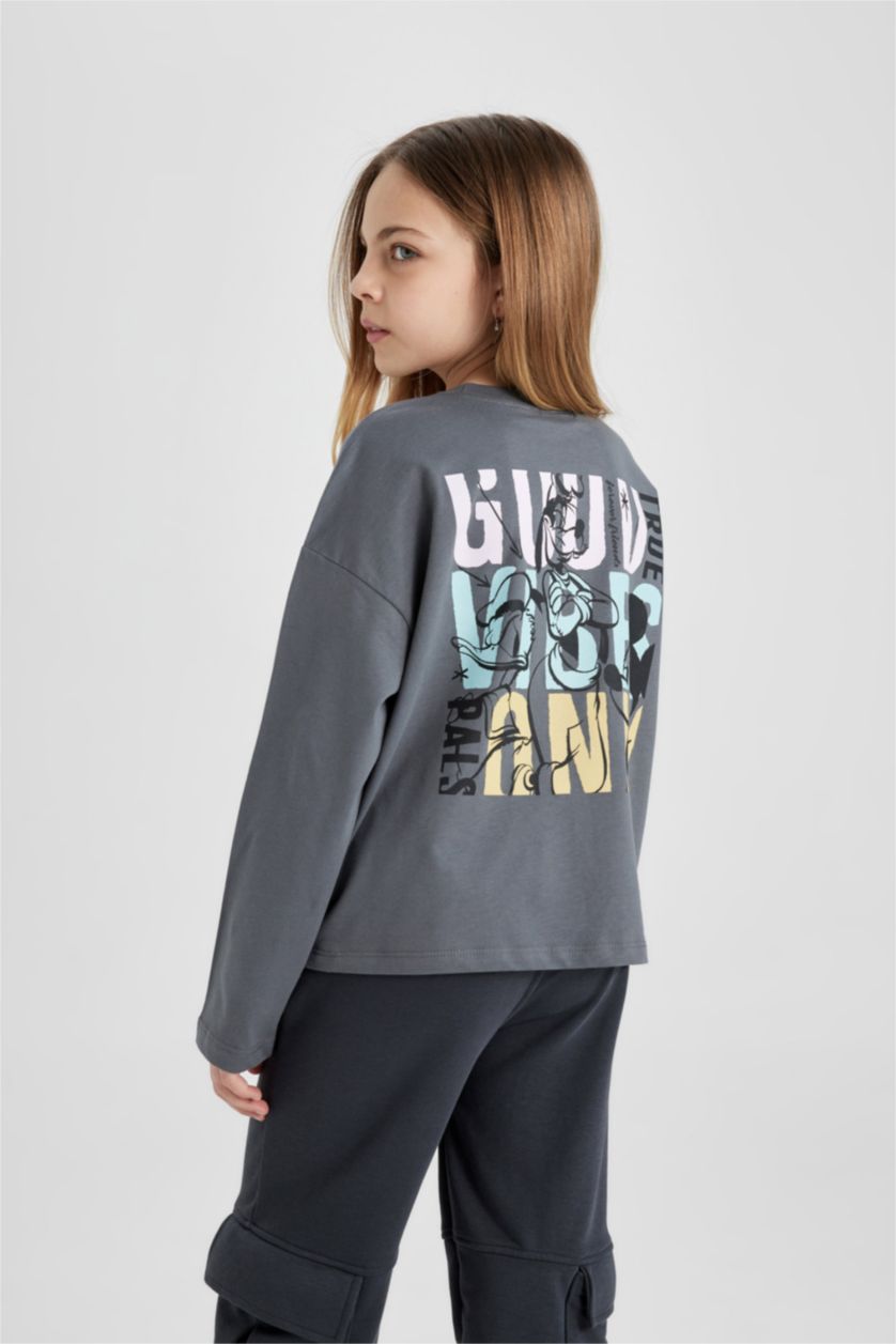 Kız Çocuk - Genç Kız Gri Dısney Mıckey Mouse &Frıends Relax Fıt Bisiklet Yaka Uzun Kollu Tişört Kız Çocuk