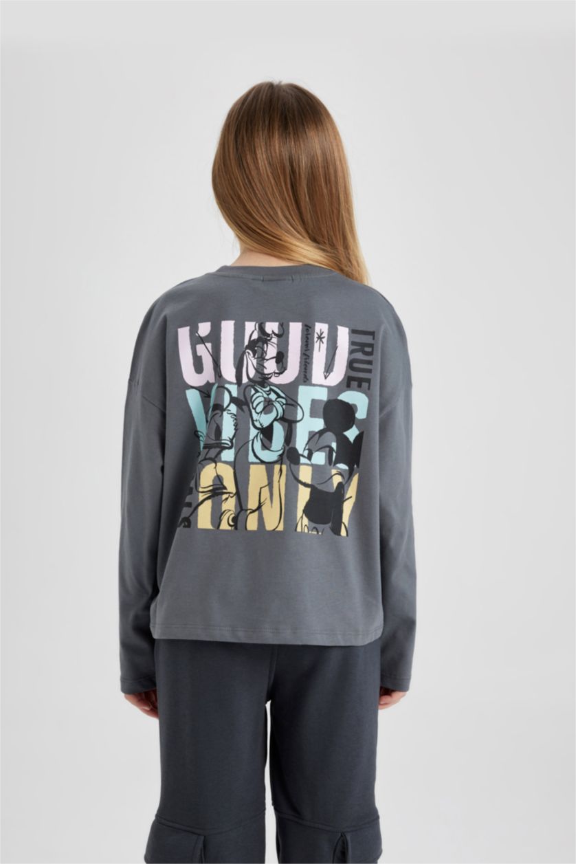 Kız Çocuk - Genç Kız Gri Dısney Mıckey Mouse &Frıends Relax Fıt Bisiklet Yaka Uzun Kollu Tişört Kız Çocuk