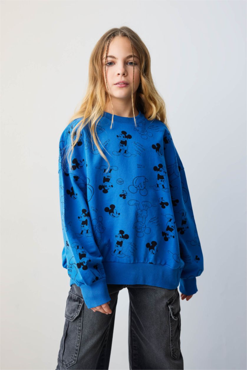 Kız Çocuk - Genç Kız Mavi Kız Çocuk Disney Mickey & Minnie Oversize Geniş Kalıp Bisiklet Yaka Sweatshirt
